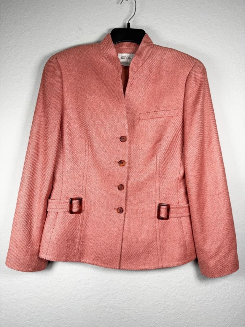 Vintage Worth Silk Tweed Blazer Jacket Womens 8 Coral Pink Herringbone Lined 90s